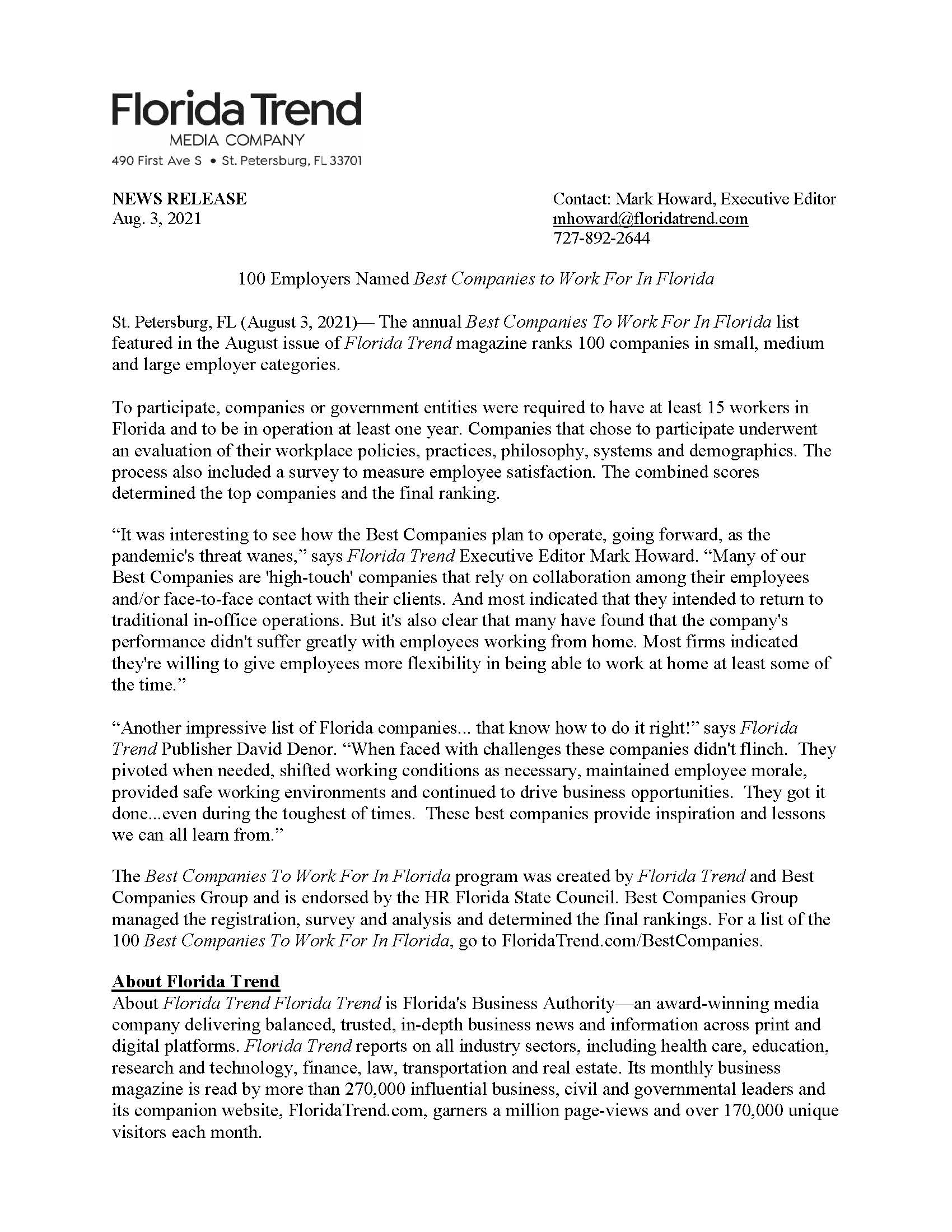 100 Employers Named Best Companies to Work for in Florida Tampa Bay