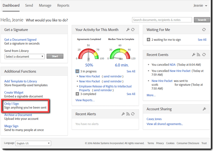 Adobe Sign dashboard