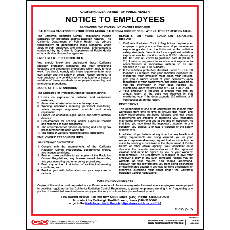California Radiation Notice to Employees Compliance Poster Company