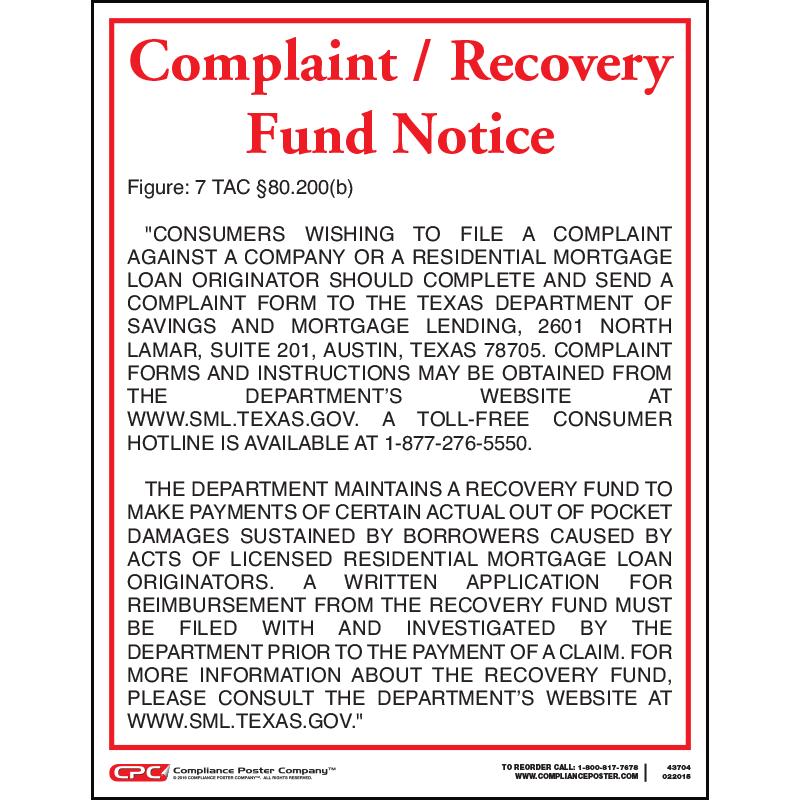 Texas Complaint/Recovery Fund Notice CPC