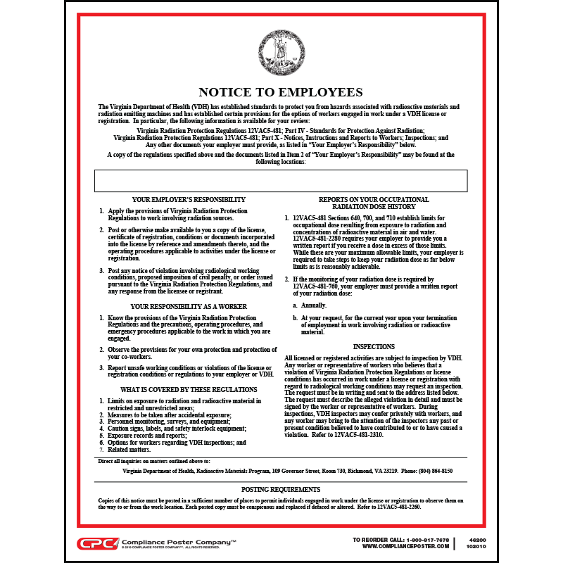 Virginia Radiation Notice to Employees Poster