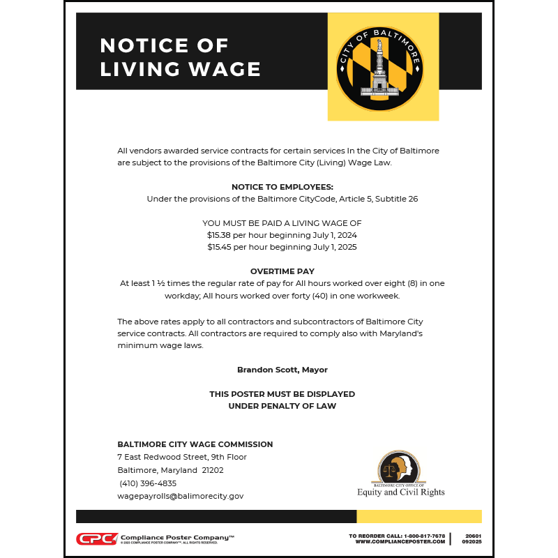 City of Baltimore, MD Living Wage Poster Compliance Poster Company