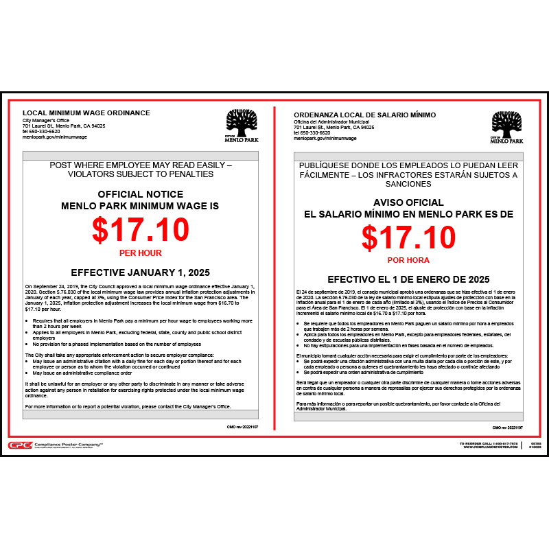 Menlo Park, CA Minimum Wage Poster Compliance Poster Company