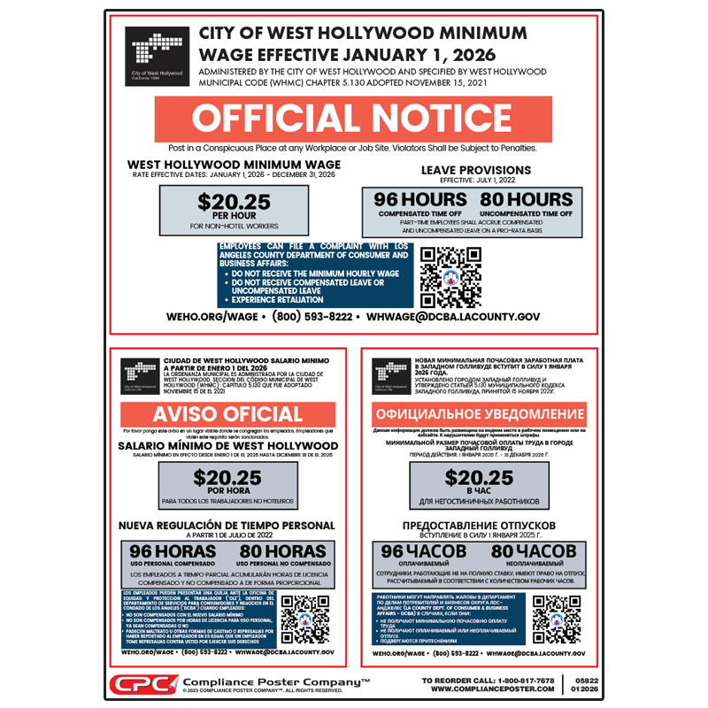 West Hollywood, California Minimum Wage Poster Compliance Poster Company