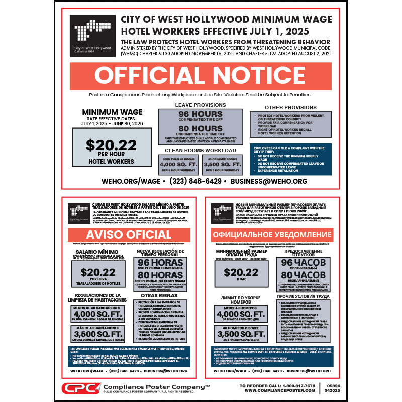 West Hollywood, CA Hotel Workers Minimum Wage Poster Compliance Poster Company