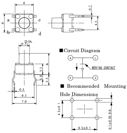 Push On Tactile Switch Pinout Connections Uses Dimensions Datasheet