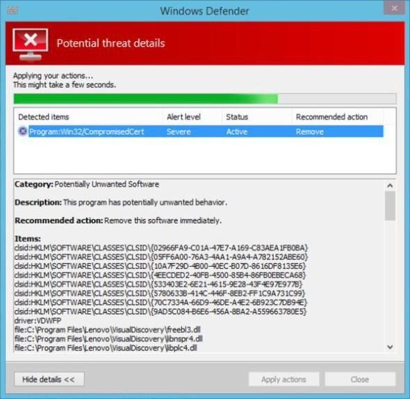 Windows Defender может удалить Superfish с ноутбуков Lenovo