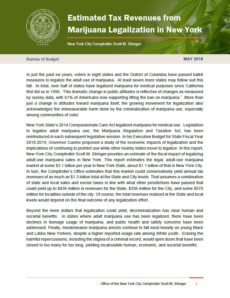 Estimated Tax Revenues from Marijuana Legalization in New York Office