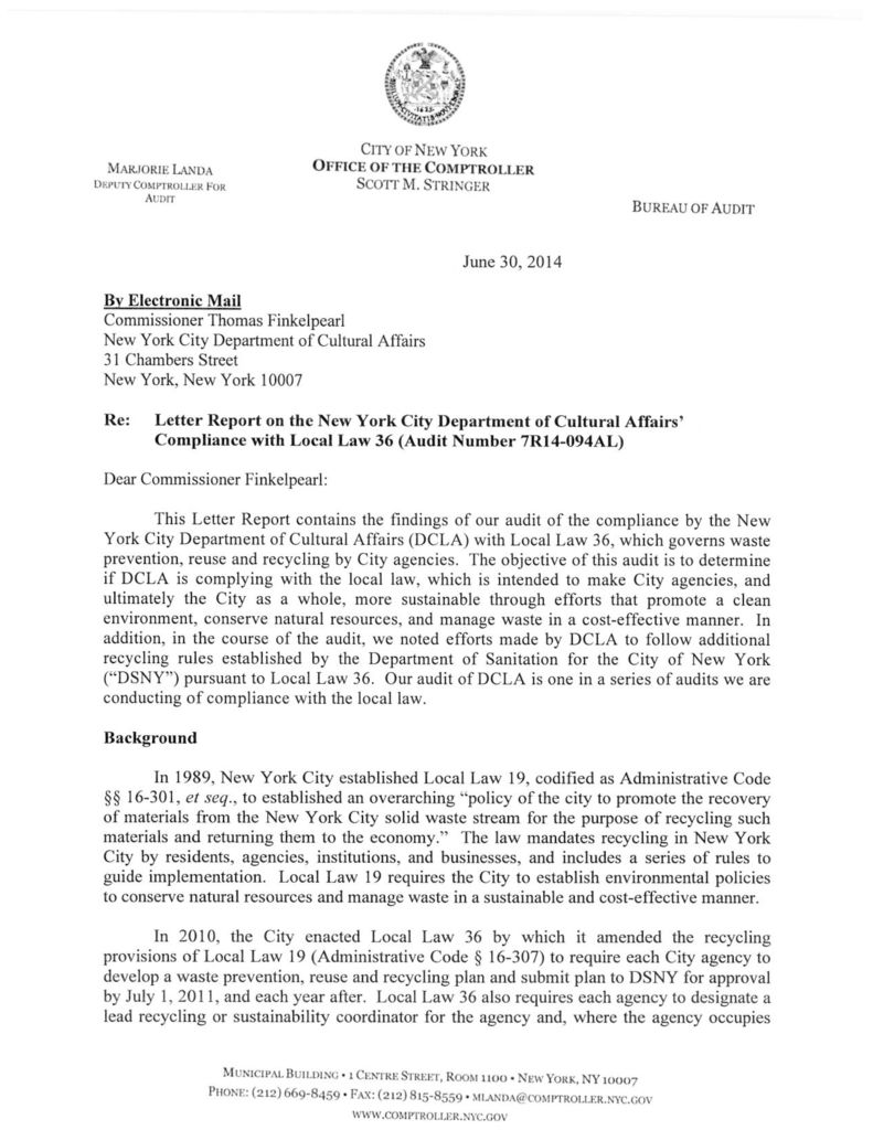 Letter Report on the New York City Department of Cultural Affairs’ Compliance with Local Law 36
