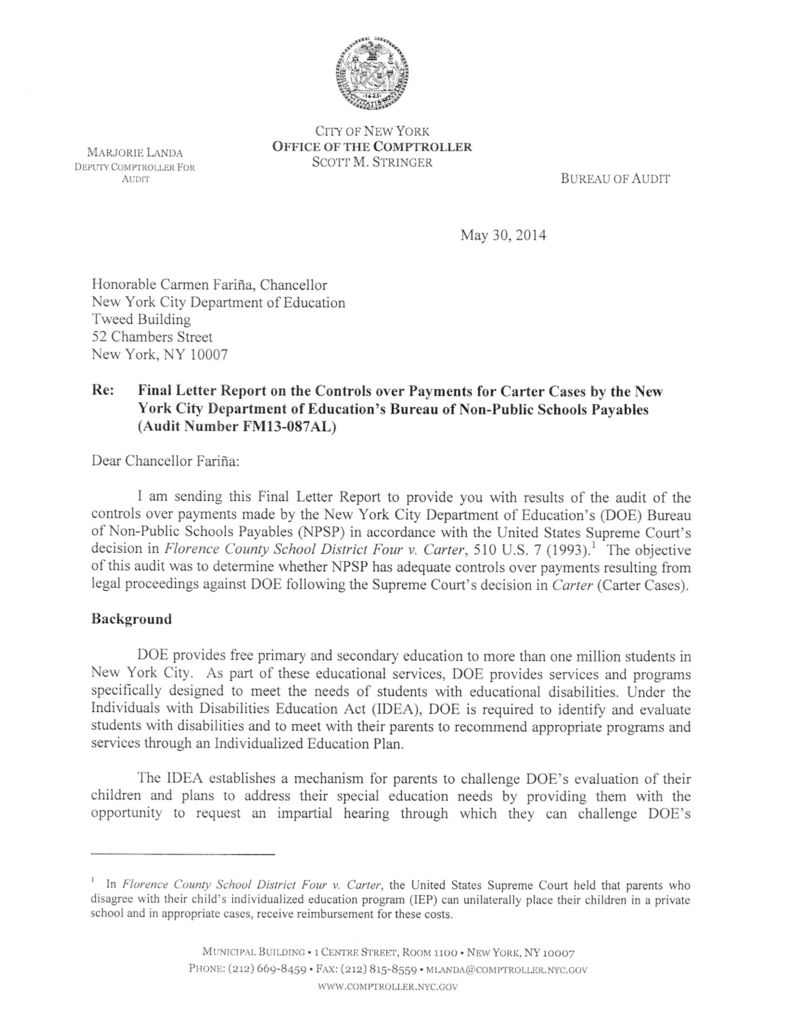 Letter Report on the Controls over Payments for Carter Cases by the New