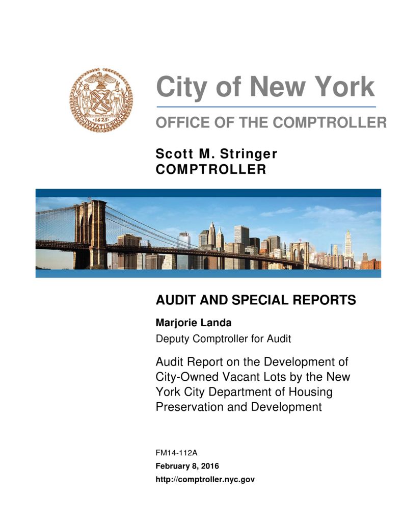 Audit Report on the Development of CityOwned Vacant Lots by the New