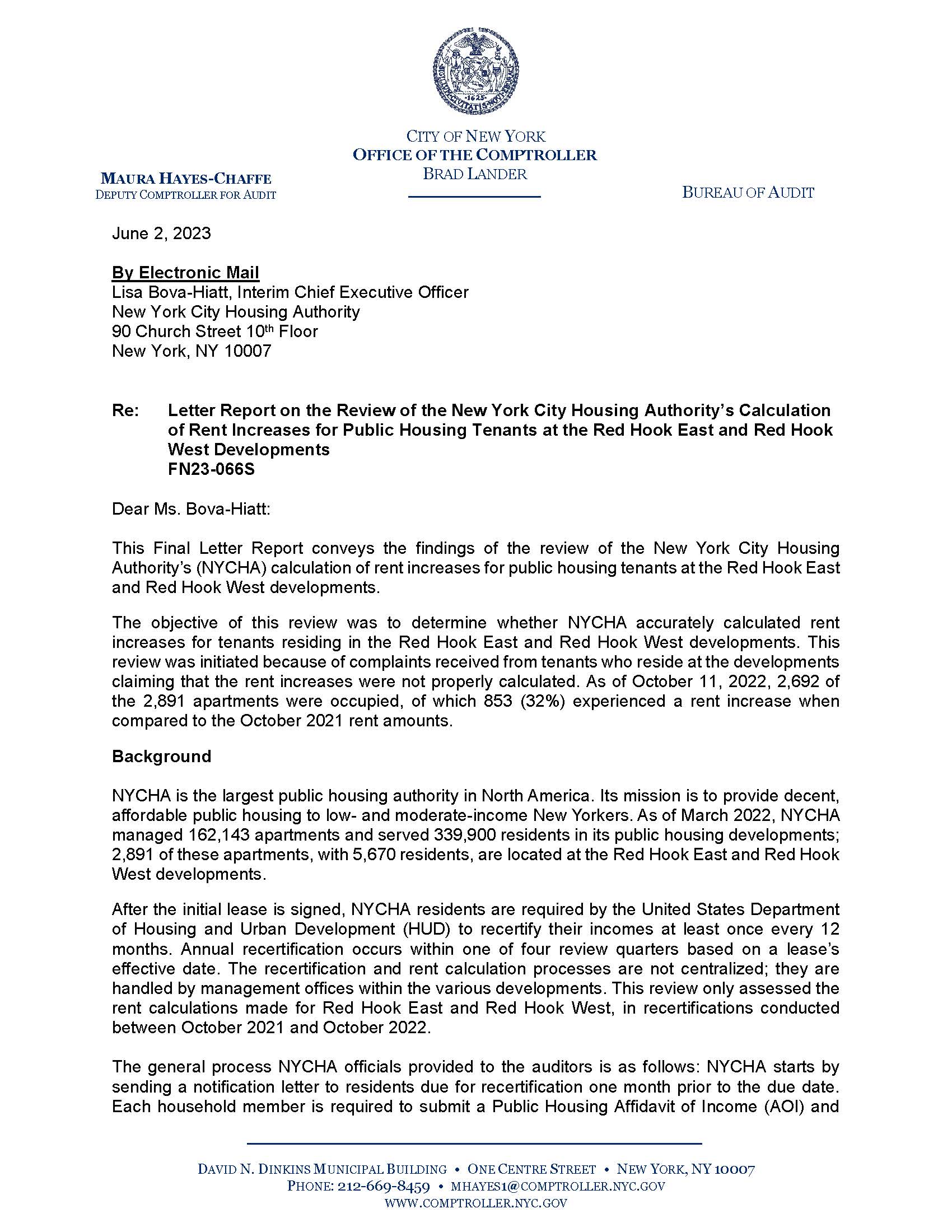 Letter Report on the Review of the New York City Housing Authority’s
