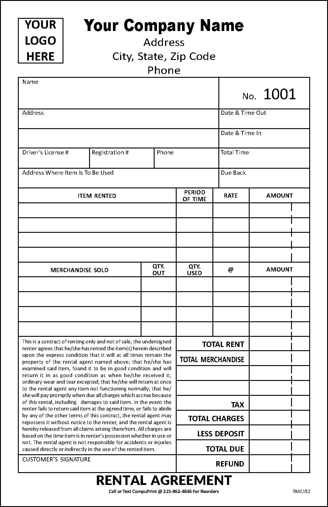 Custom Rental Agreement Forms TMG152 CompuPrint USA
