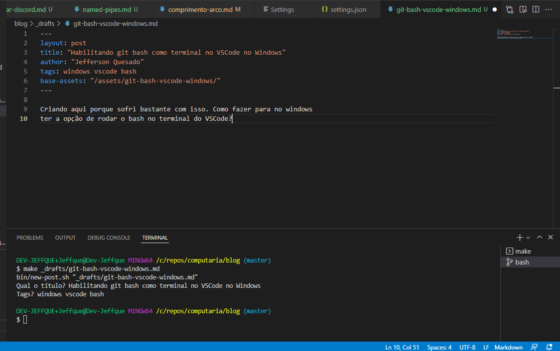 Habilitando git bash como terminal no VSCode no Windows