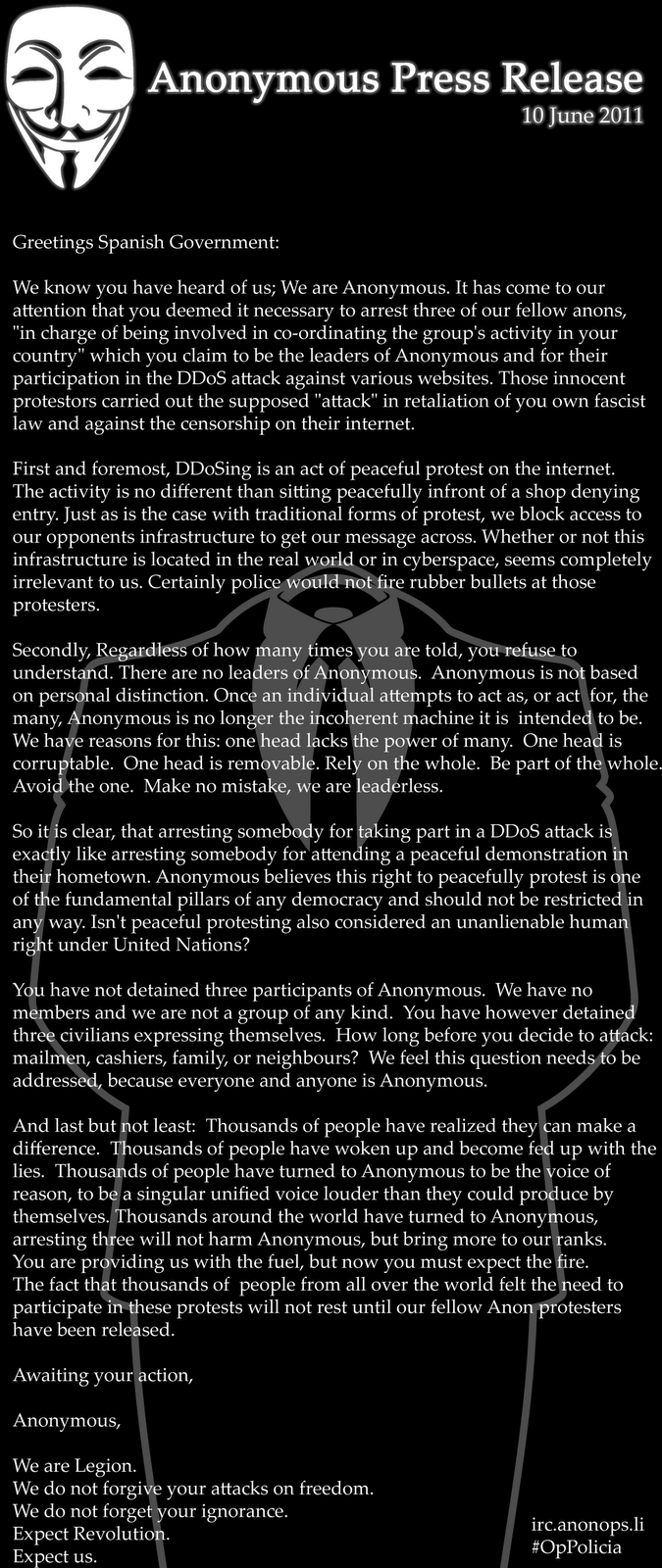 Anonymous Press Release to Spanish Government Computer Addicted