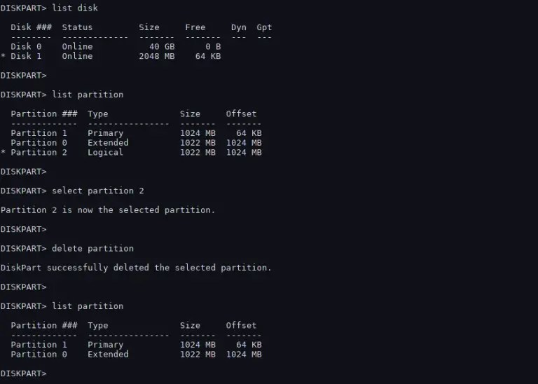 Create disk partitions in Windows using diskpart command