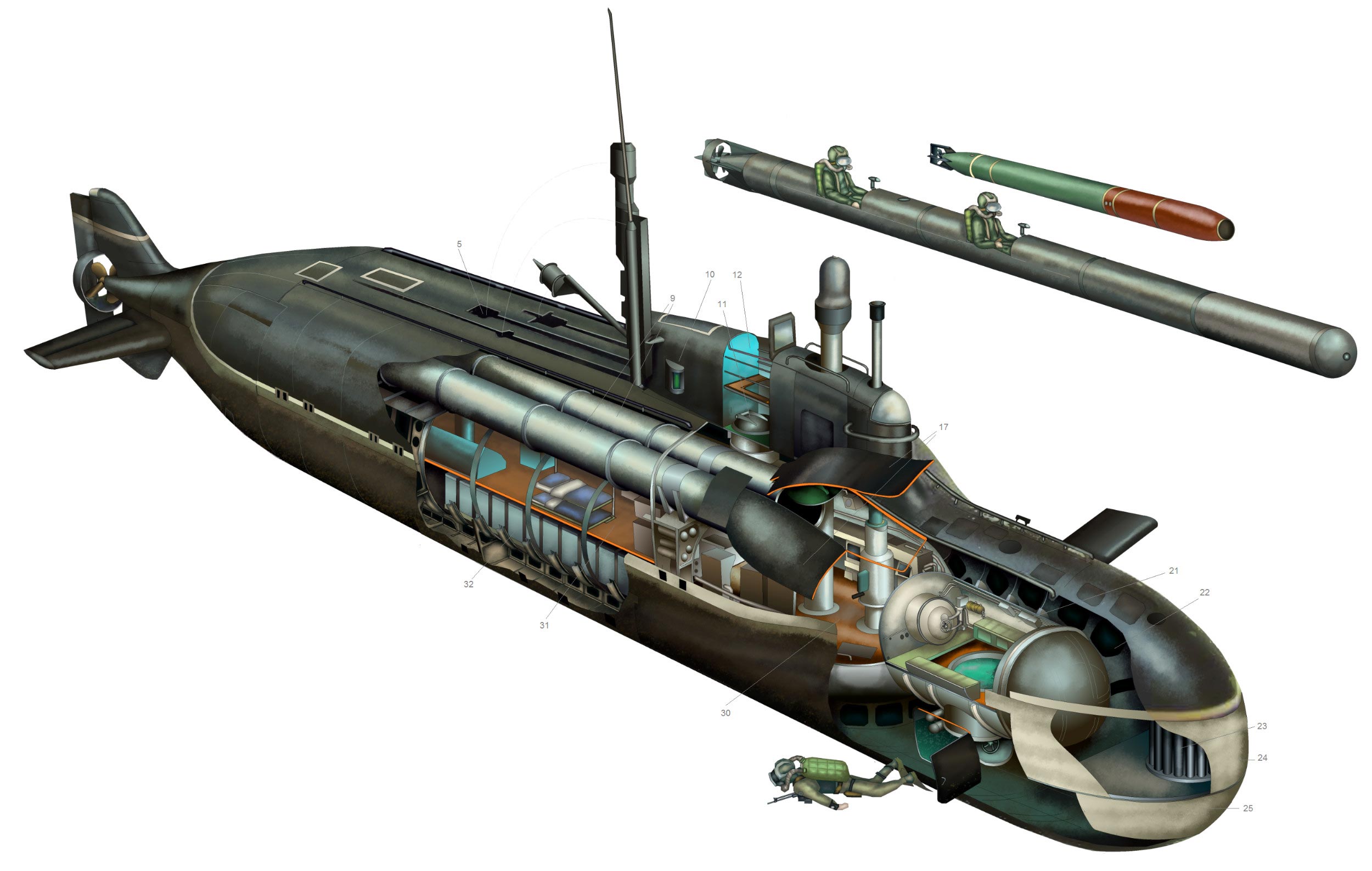 Lososclass submarine (Piranha) Cutaway Drawing in High quality