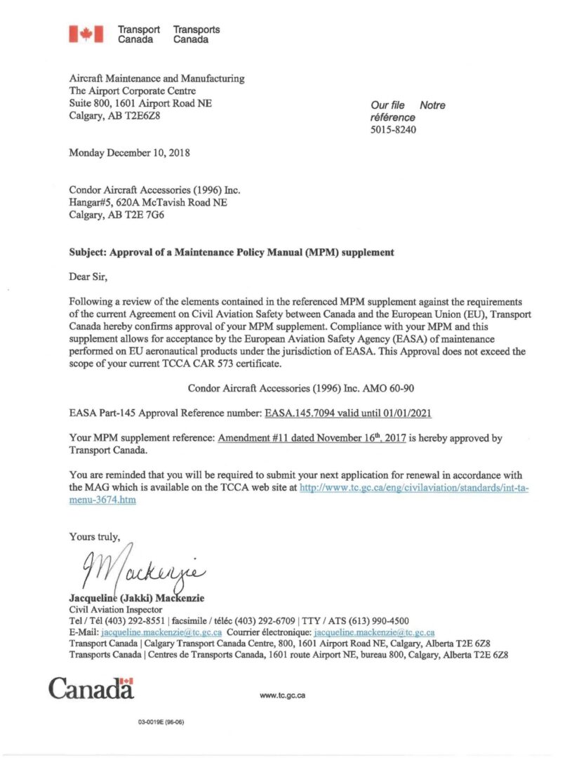 Certifications Condor Aircraft Accessories