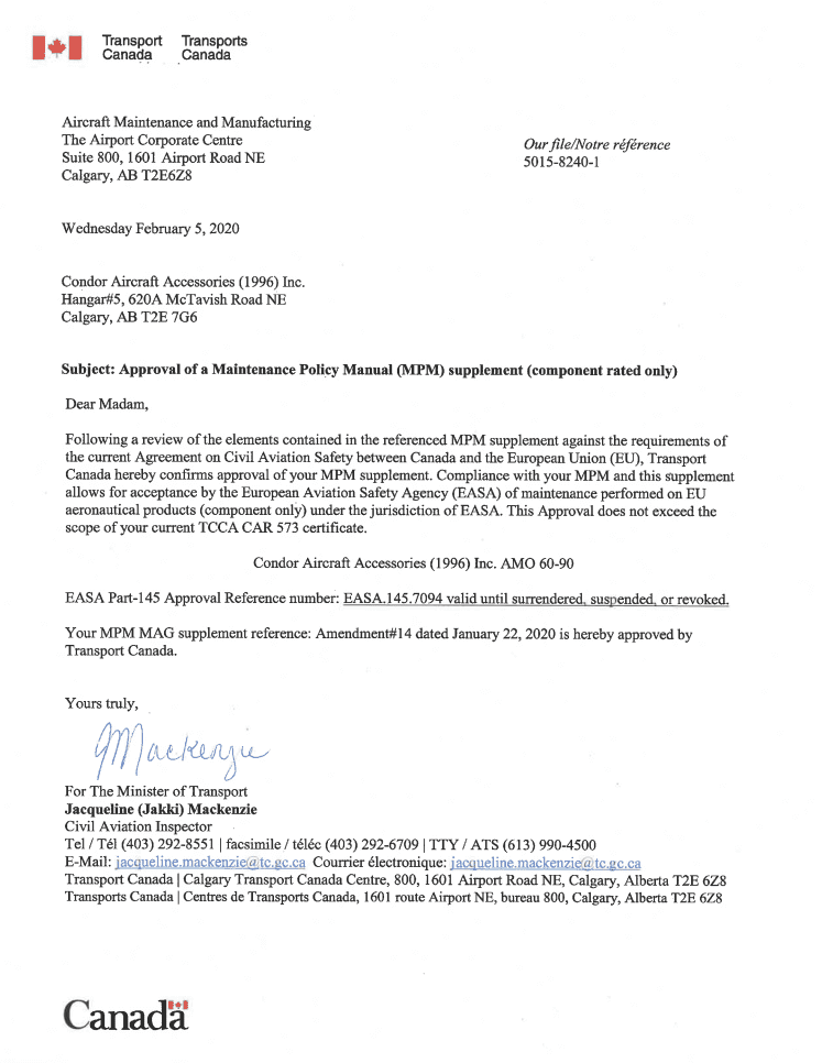 Certifications Condor Aircraft Accessories