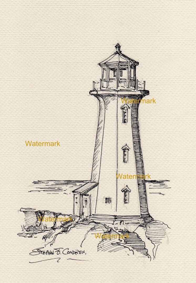 Pen & ink line drawing of Peggy's Cove Lighthouse on the coast