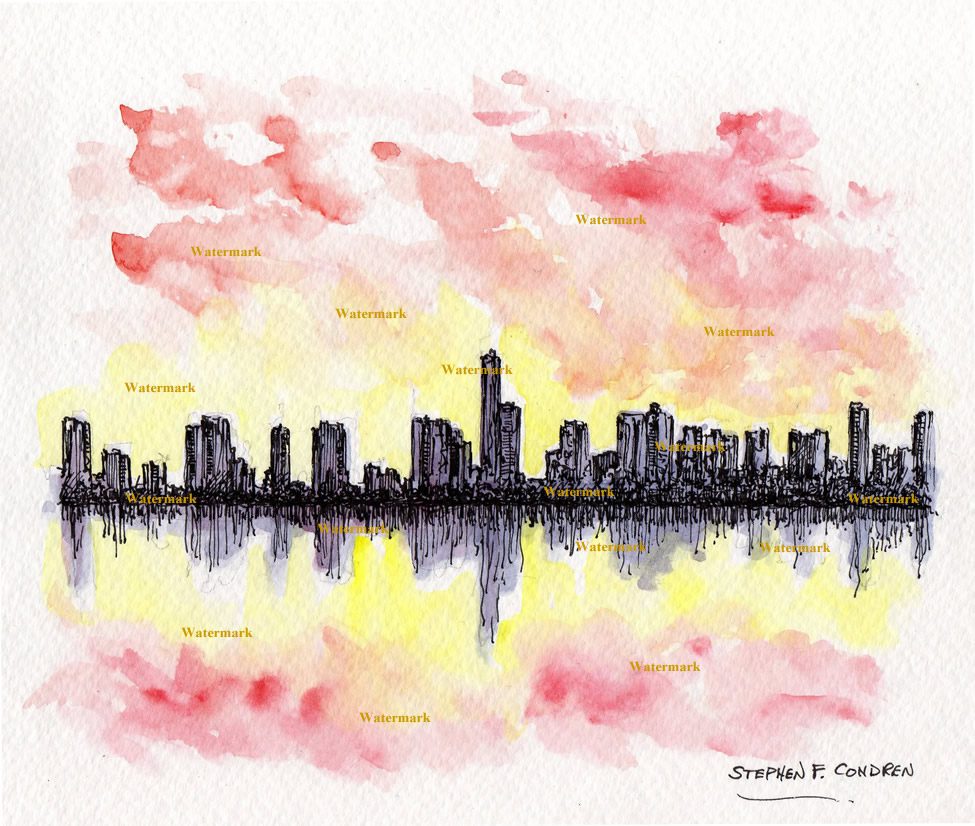 Miami Skyline watercolor painting at sunset on Biscayne Bay