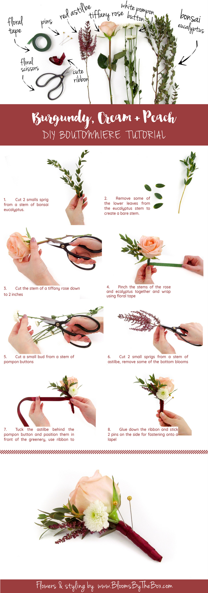 Easy Fall Burgundy, Cream + Peach DIY Wedding Boutonniere Tutorial