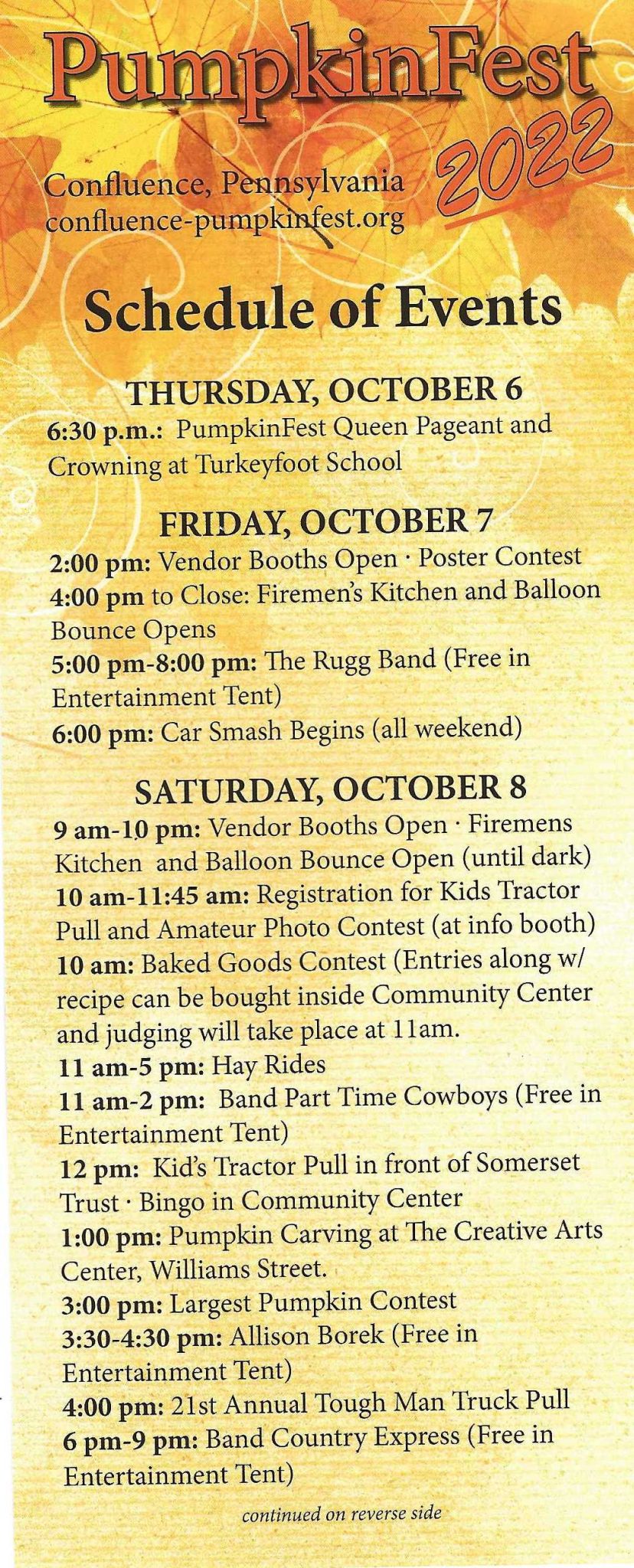 SCHEDULE PumpkinFest Confluence PA