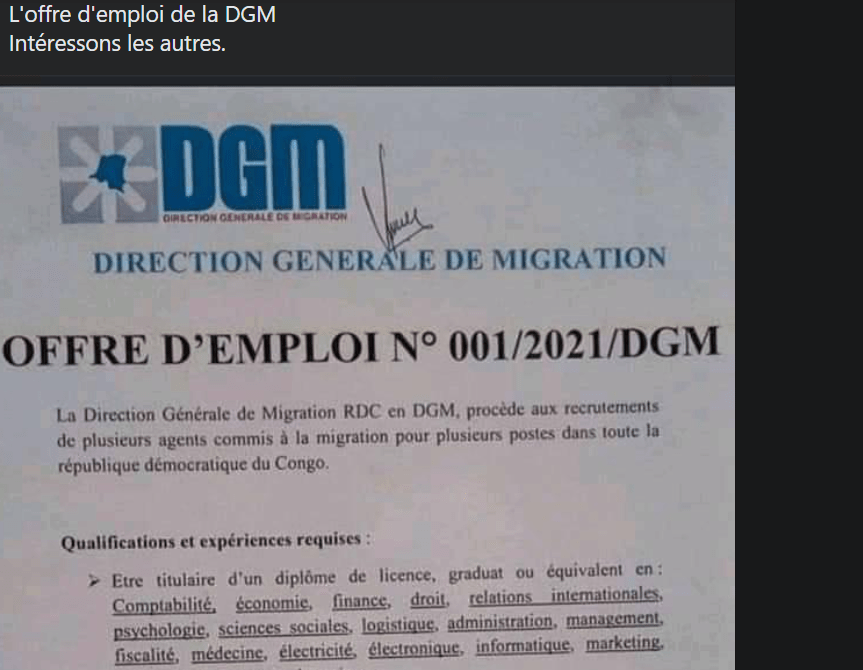 Attention, il n’y a aucune offre d’emploi publique à la DGM CONGO CHECK