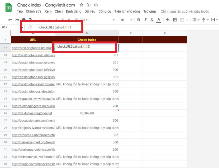 Share Code check Index URL trên Google Sheets sử dụng Google Apps