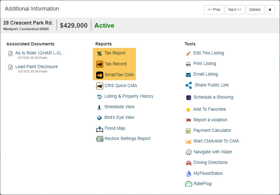 Where to find Tax Record data in connectMLS connectMLS