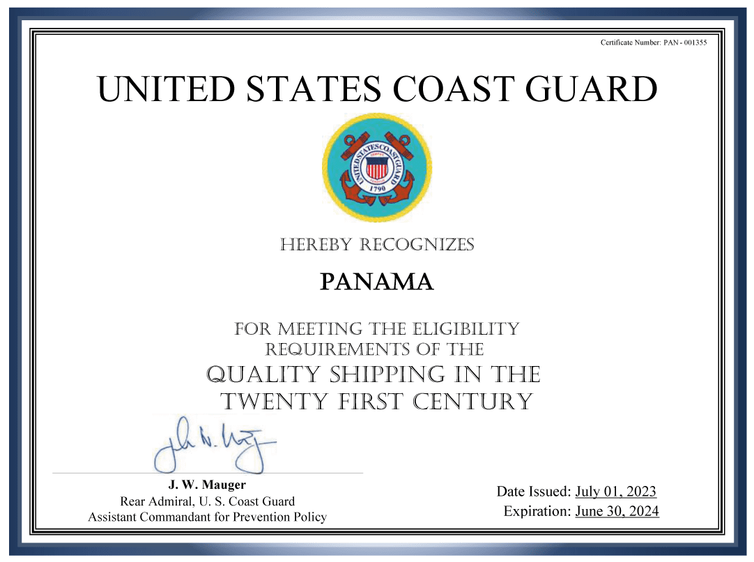 Panama Ship Registry member of the Qualship21 Program for first