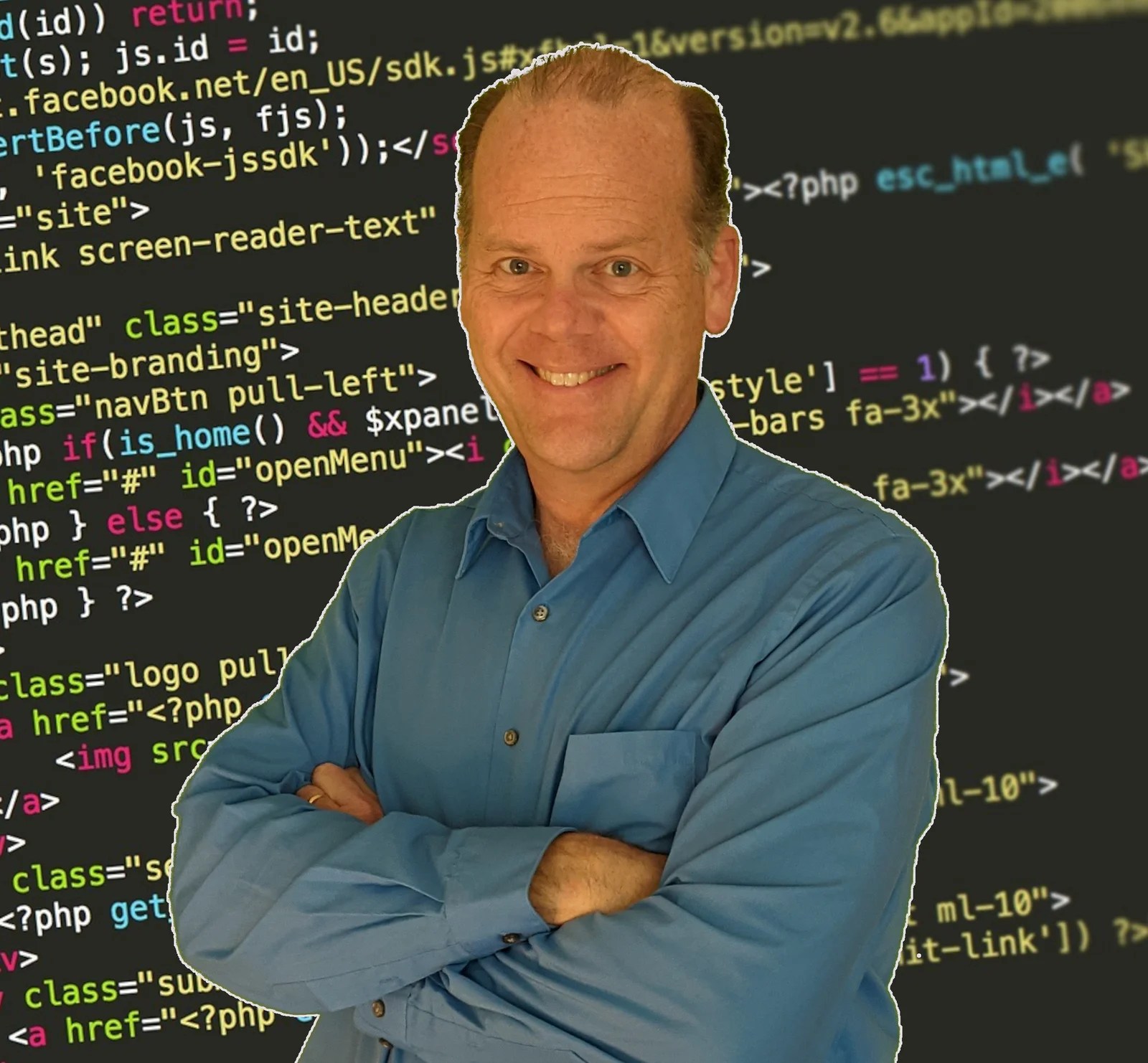 photo of author in front of HTML code