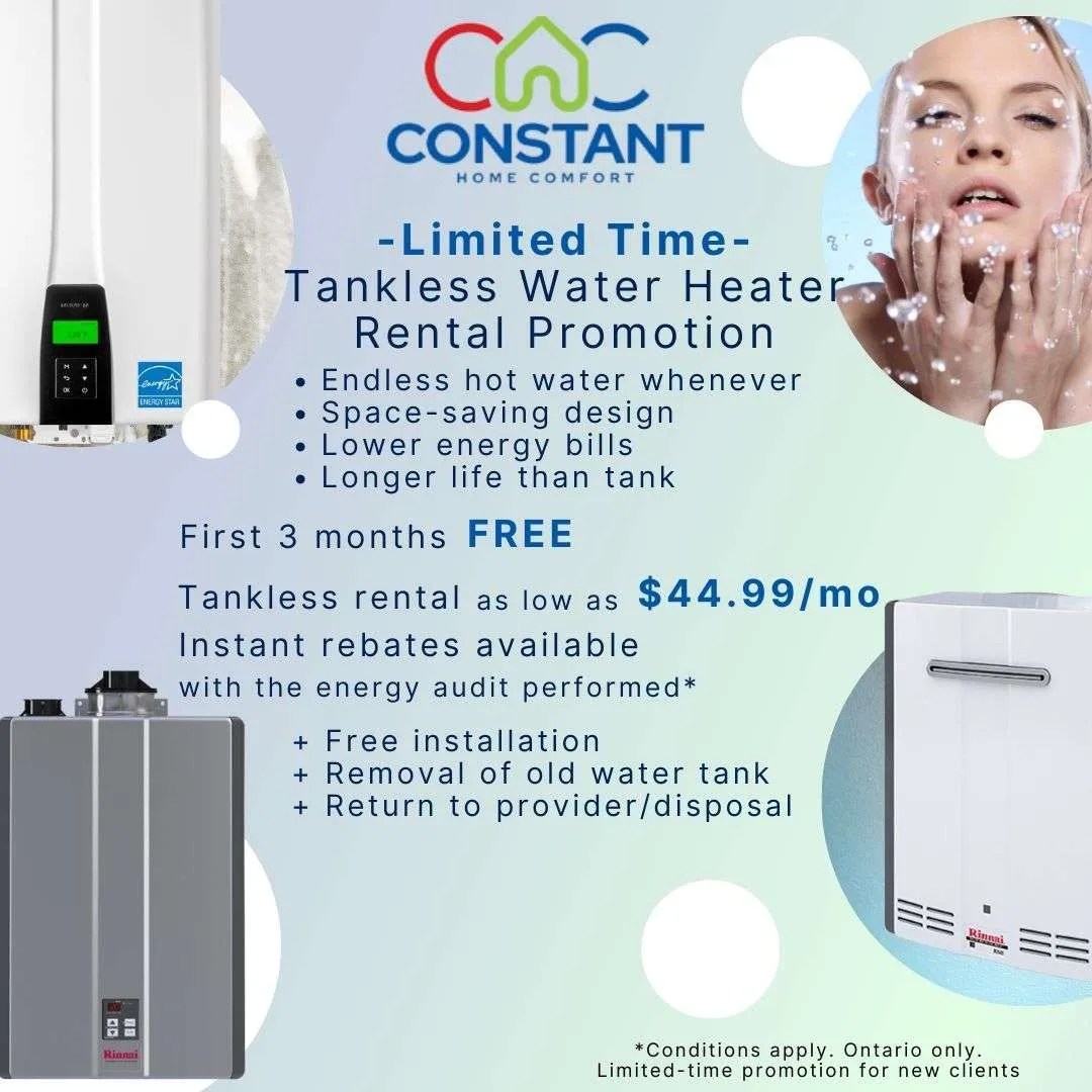 Tankless water heater rental promo special 24/7 Furnace, AC, Heat