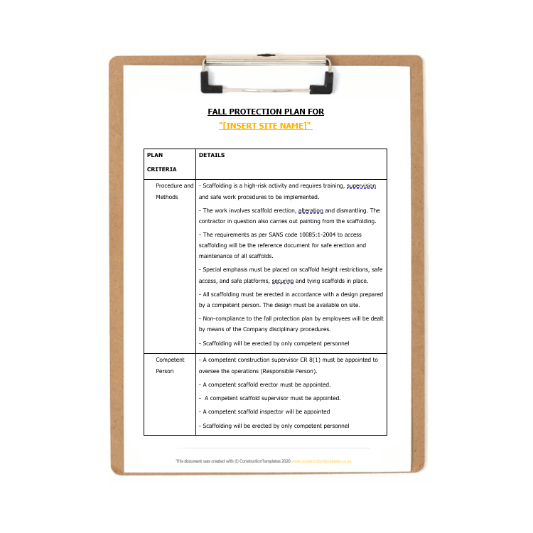 Fall Protection Plan Construction Templates South Africa