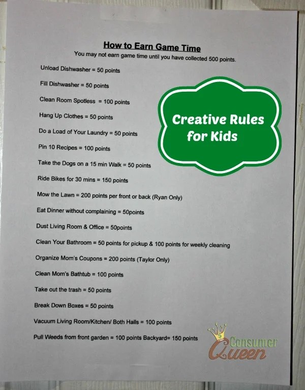 Creative Rules For Kids Earn Game Time