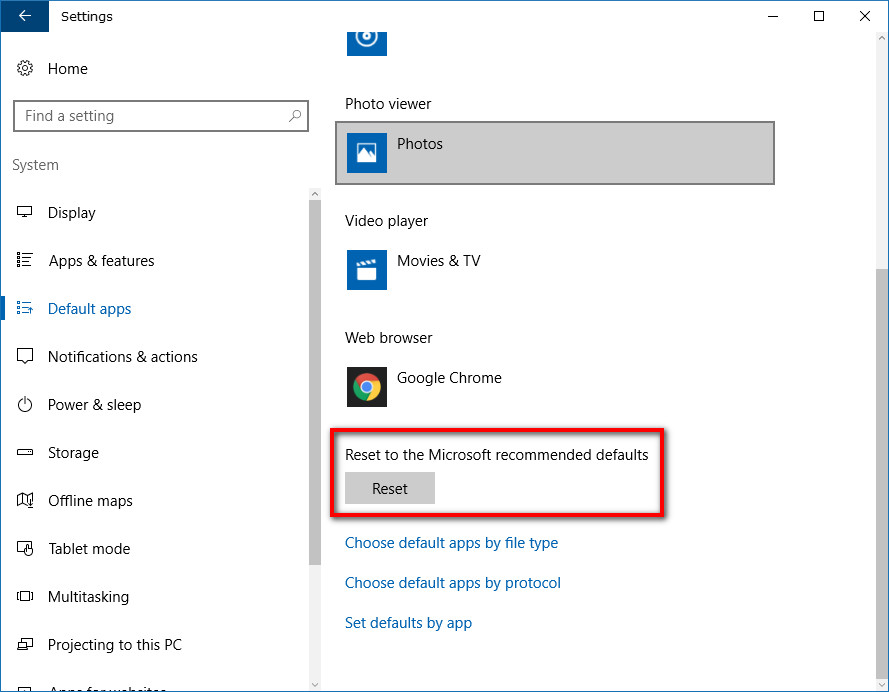 Restore Default Apps for File Extension Type Associations in Windows 10