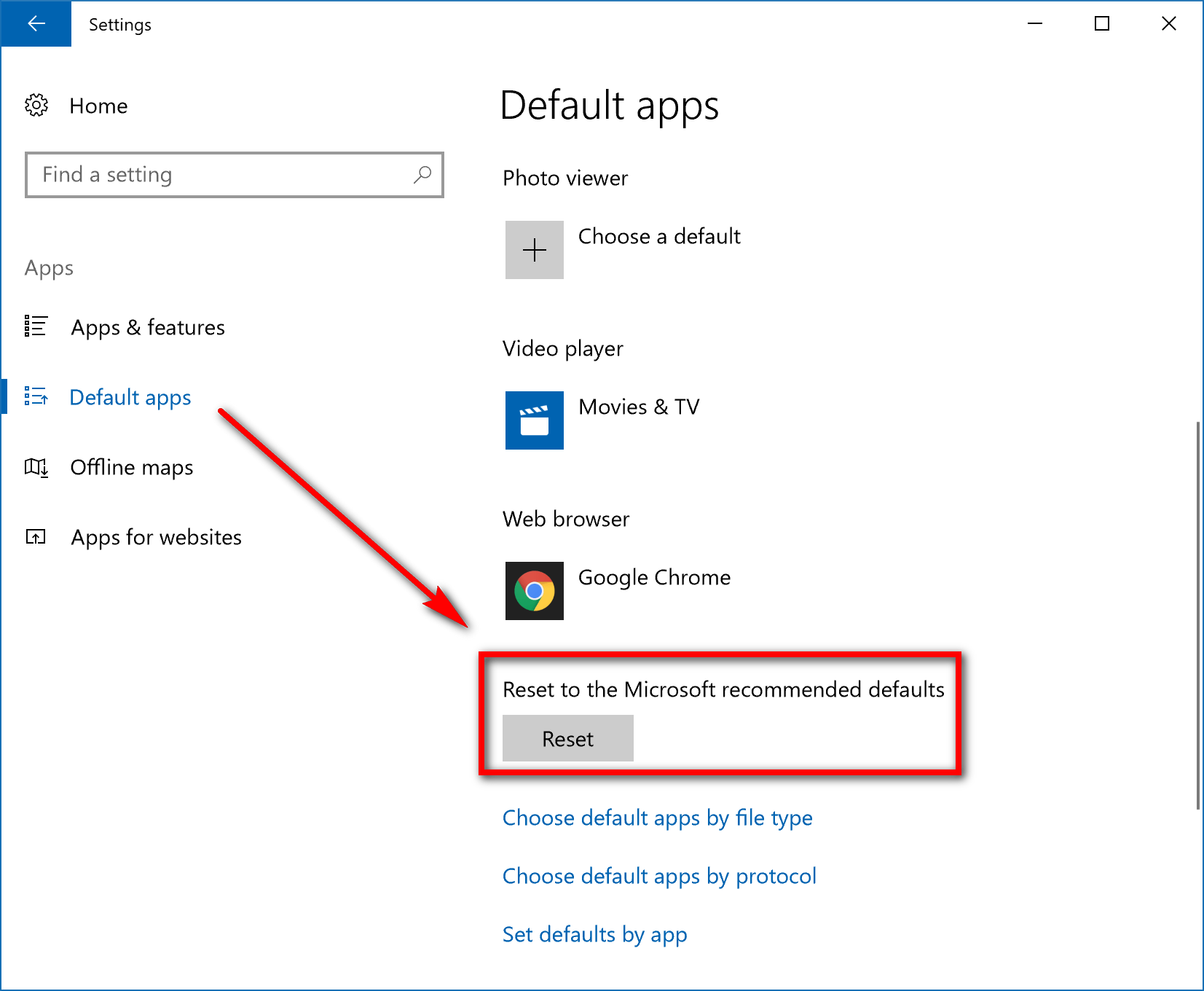 Restore Default Apps for File Extension Type Associations in Windows 10