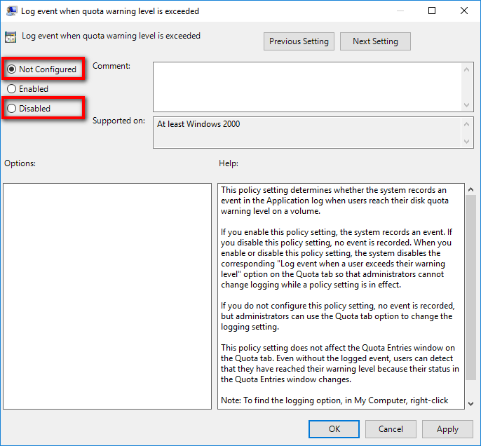 Enable/Disable Log Event when Disk Quota Warning Level Exceeded in Windows