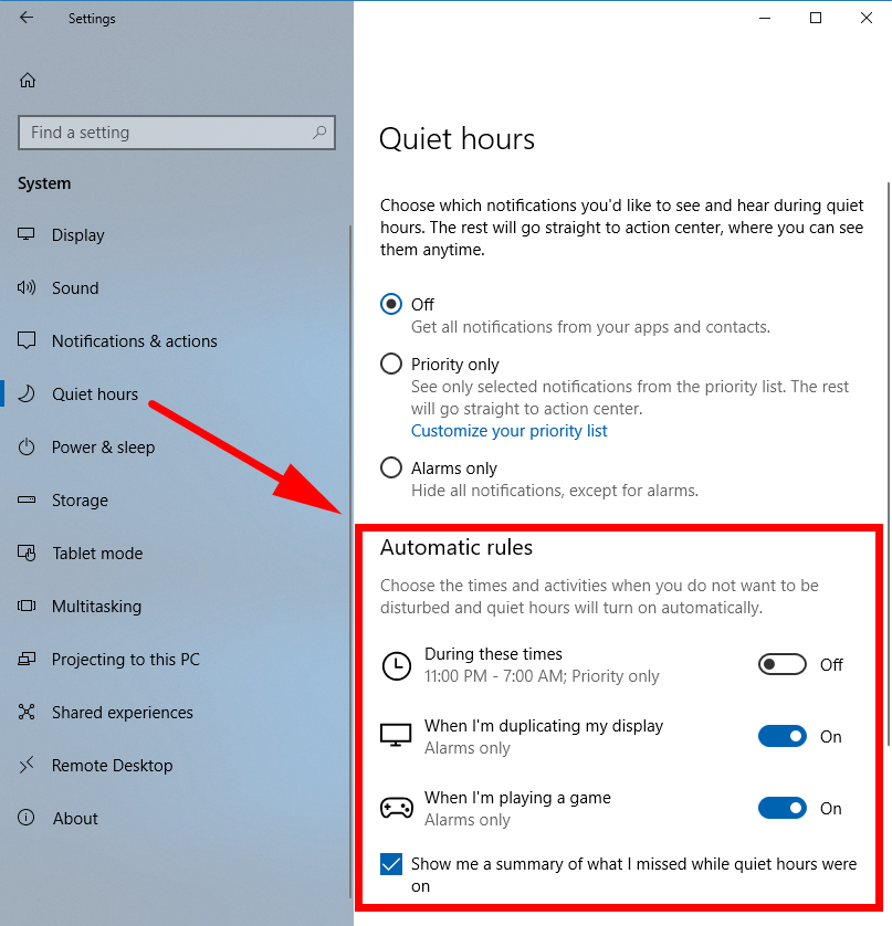 Change Quiet Hours Automatic Rules in Windows 10