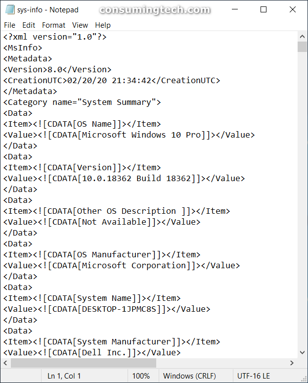 Create System Information File in Windows 10