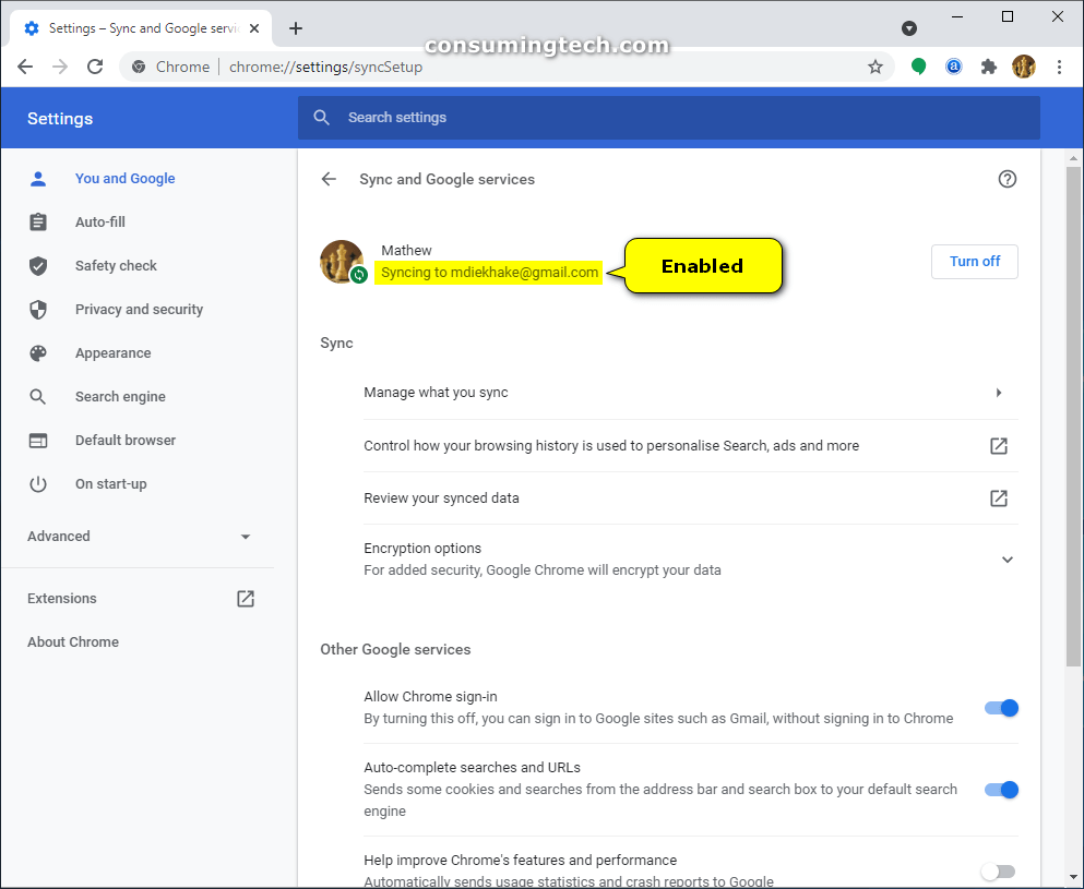 Enable/Disable Google Chrome Sync and Automatically Sign in to Browser