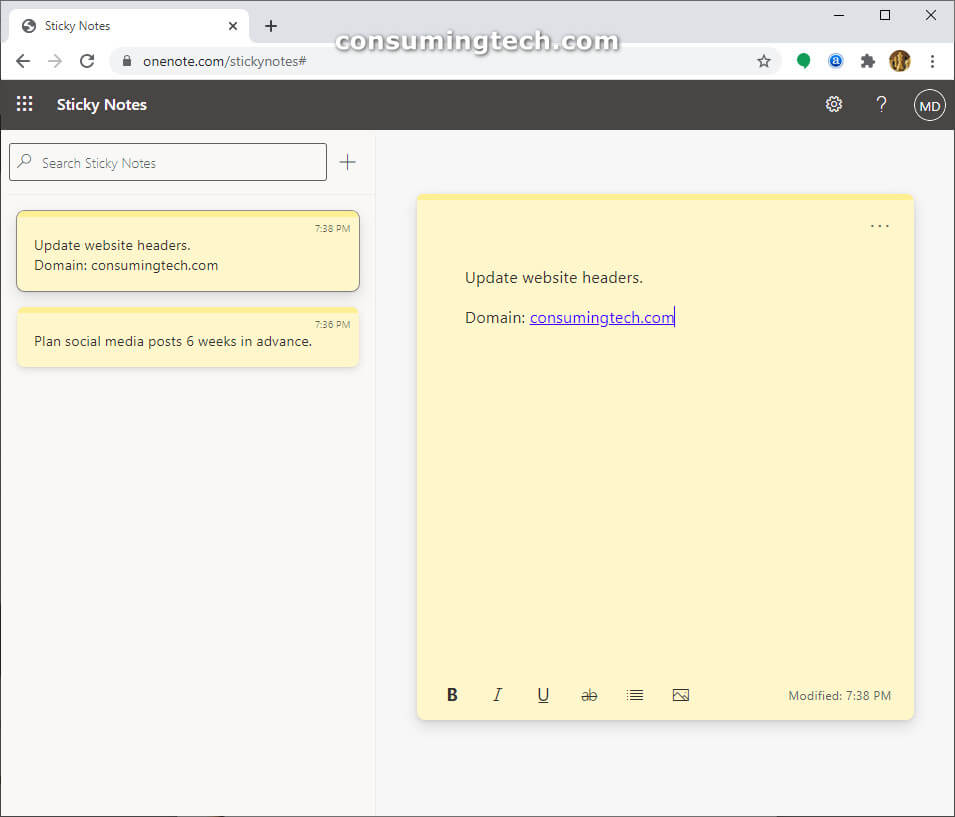 Use Windows 10 Sticky Notes Online via OneNote Online