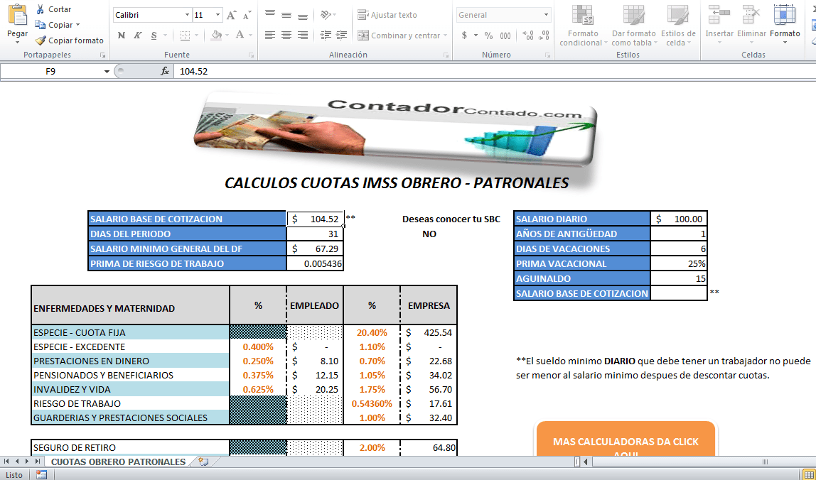 Calculadora cuotas IMSS Contador Contado