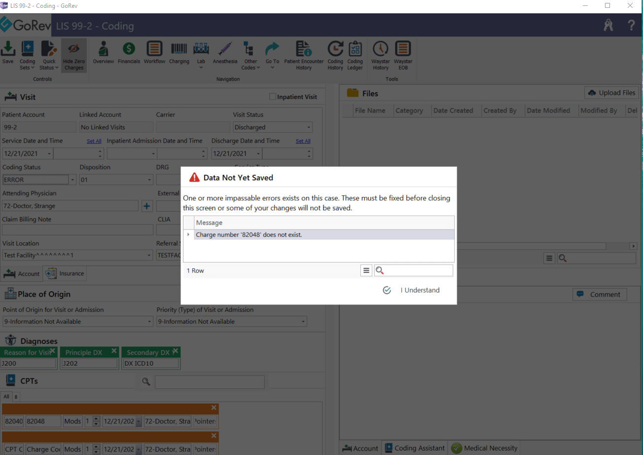 Added a feature that displays an error message when the CPT and Charge