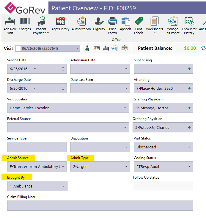 Added Admit Source Admit Type Brought By Standard fields Guru