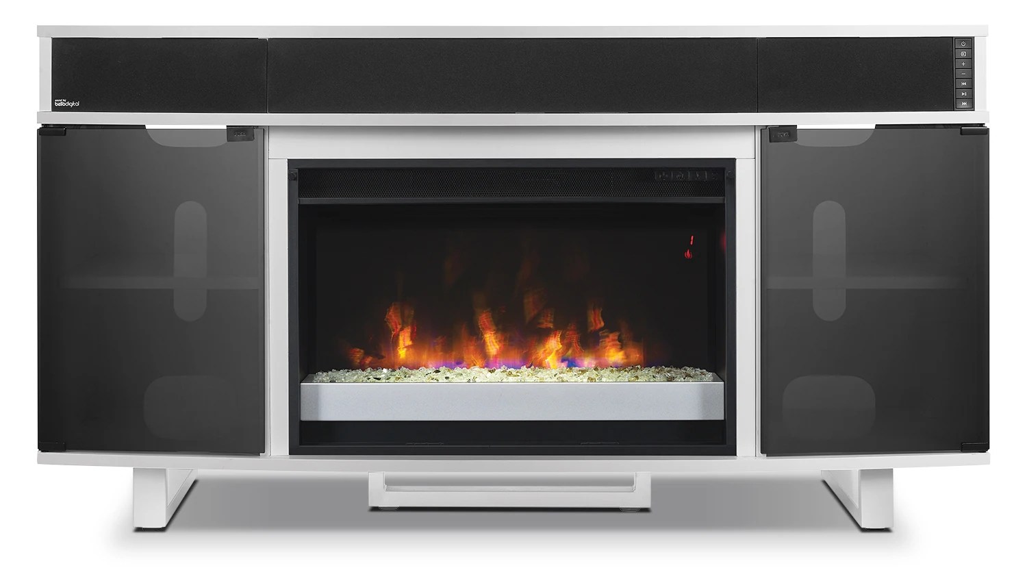 Odesos 72" TV Stand with Glass Ember Firebox and Soundbar White The