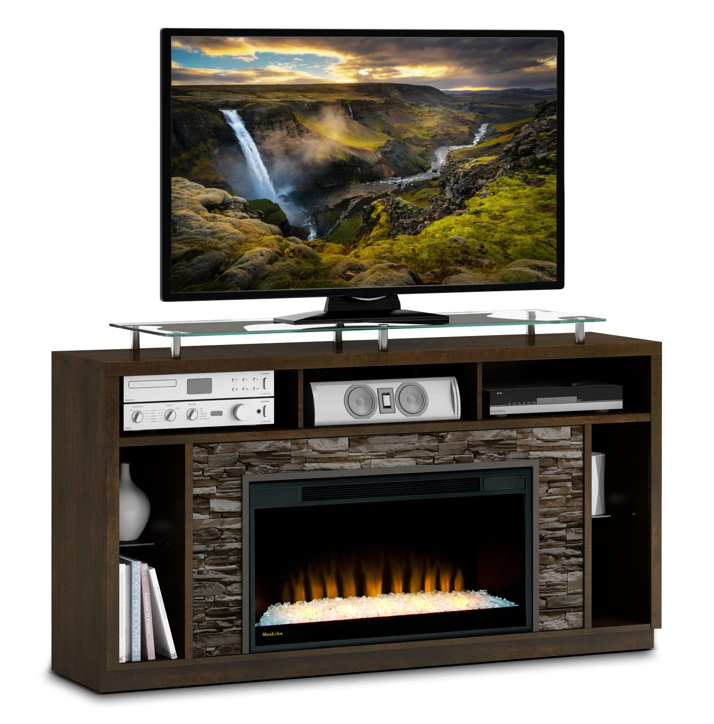 Arlington 71" TV Stand with Glass Ember Firebox Bordeaux The Brick