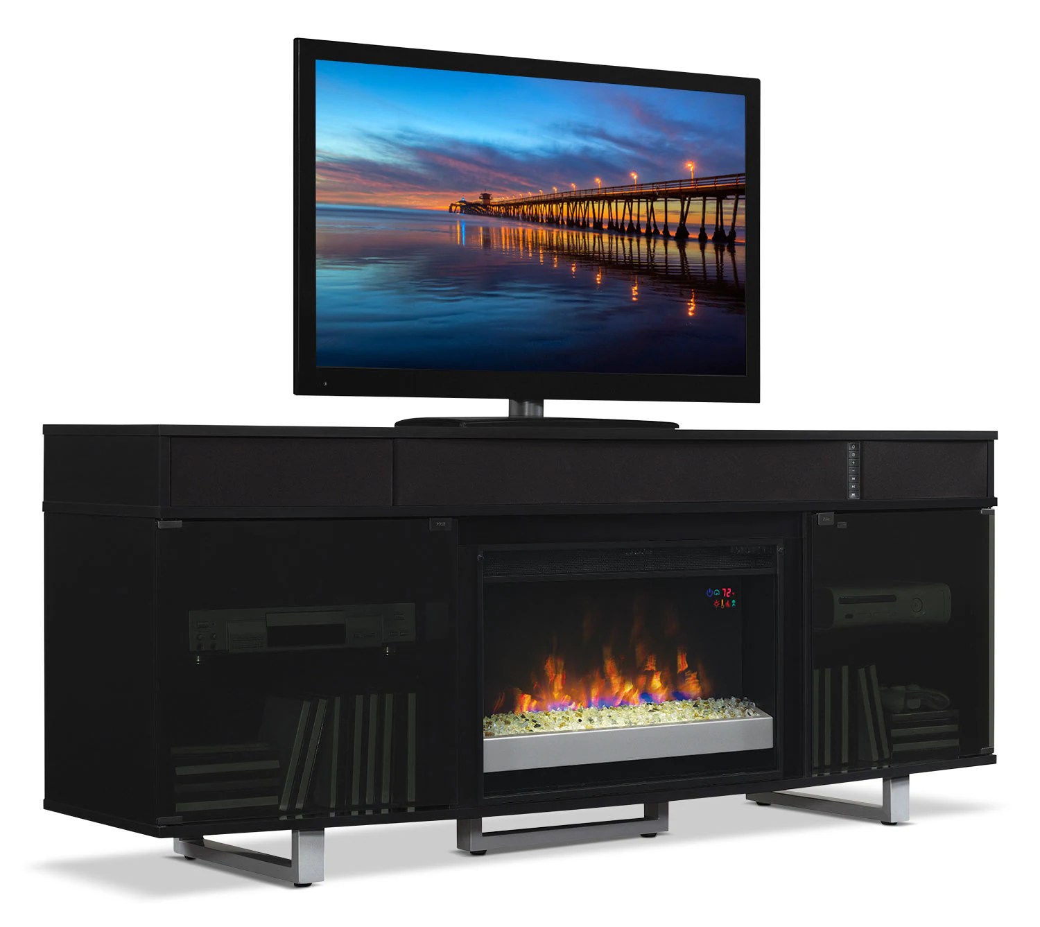 Odesos 72" TV Stand with Glass Ember Firebox and Soundbar Black The