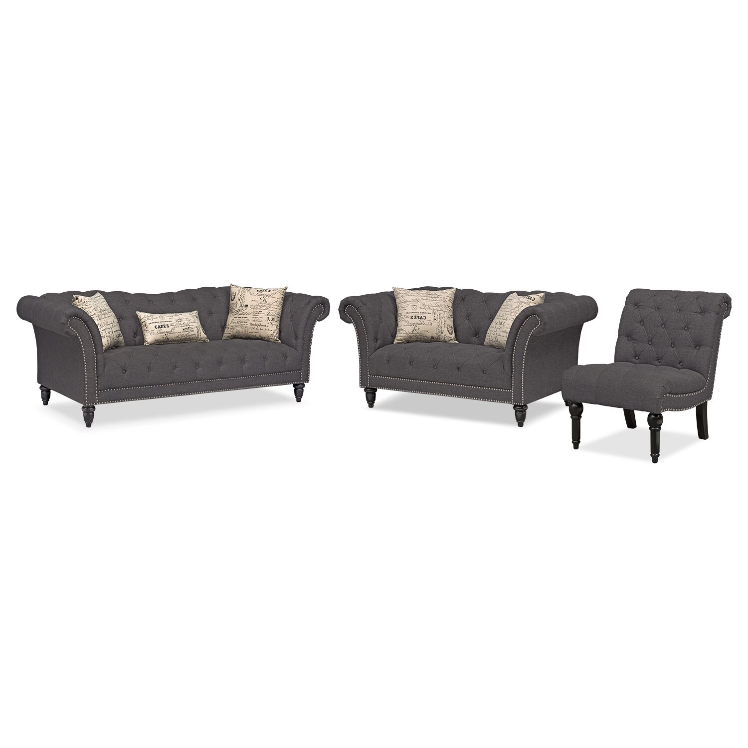 Marisol Sofa, Loveseat and Armless Chair Set Charcoal Value City