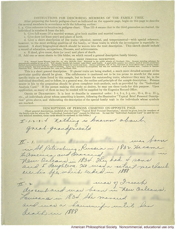 Student report and Eugenics Record Office Family Tree Folder on
